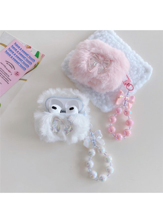 Generic - Autumn And Winter Plush Bow For Apple AirPods 4 Generation Bluetooth Headset Protective Case Pro2 Earphone Case For Apple 3 Generation-Color:White Plush Laser Bow Earphone Case + Color-plated Bow Bracelet-Applicable Models:For Apple Airpods 4 - Image 1
