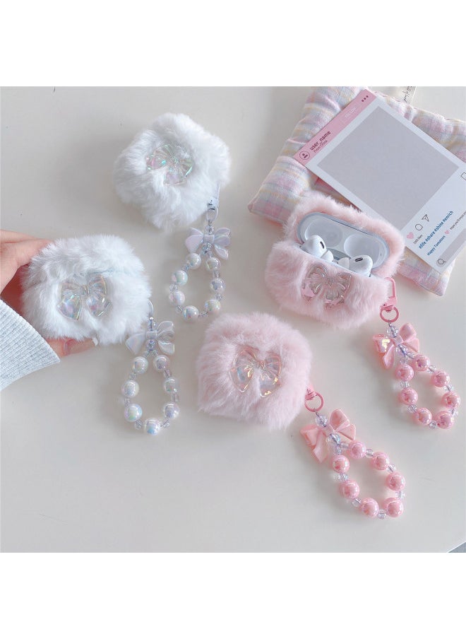 Generic - Autumn And Winter Plush Bow For Apple AirPods 4 Generation Bluetooth Headset Protective Case Pro2 Earphone Case For Apple 3 Generation-Color:White Plush Laser Bow Earphone Case + Color-plated Bow Bracelet-Applicable Models:For Apple Airpods 4 - Image 1