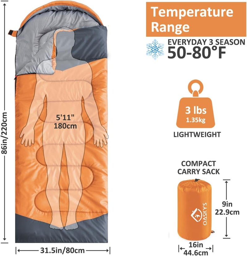 oaskys Camping Sleeping Bag - 3 Season Warm & Cool Weather - Summer Spring Fall Lightweight Waterproof for Adults Kids - Camping Gear Equipment, Traveling, and Outdoors - Image 2