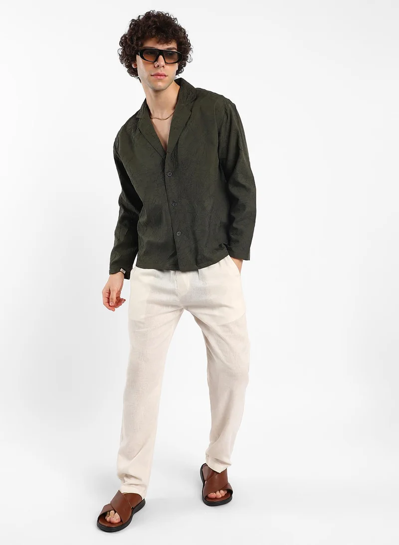 كامبوس سوترا Men's Army Green Wrinked Korean Oversized Shirt