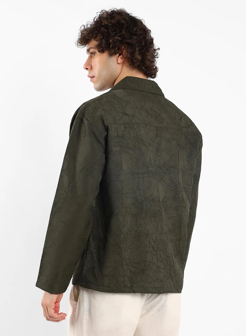 كامبوس سوترا Men's Army Green Wrinked Korean Oversized Shirt
