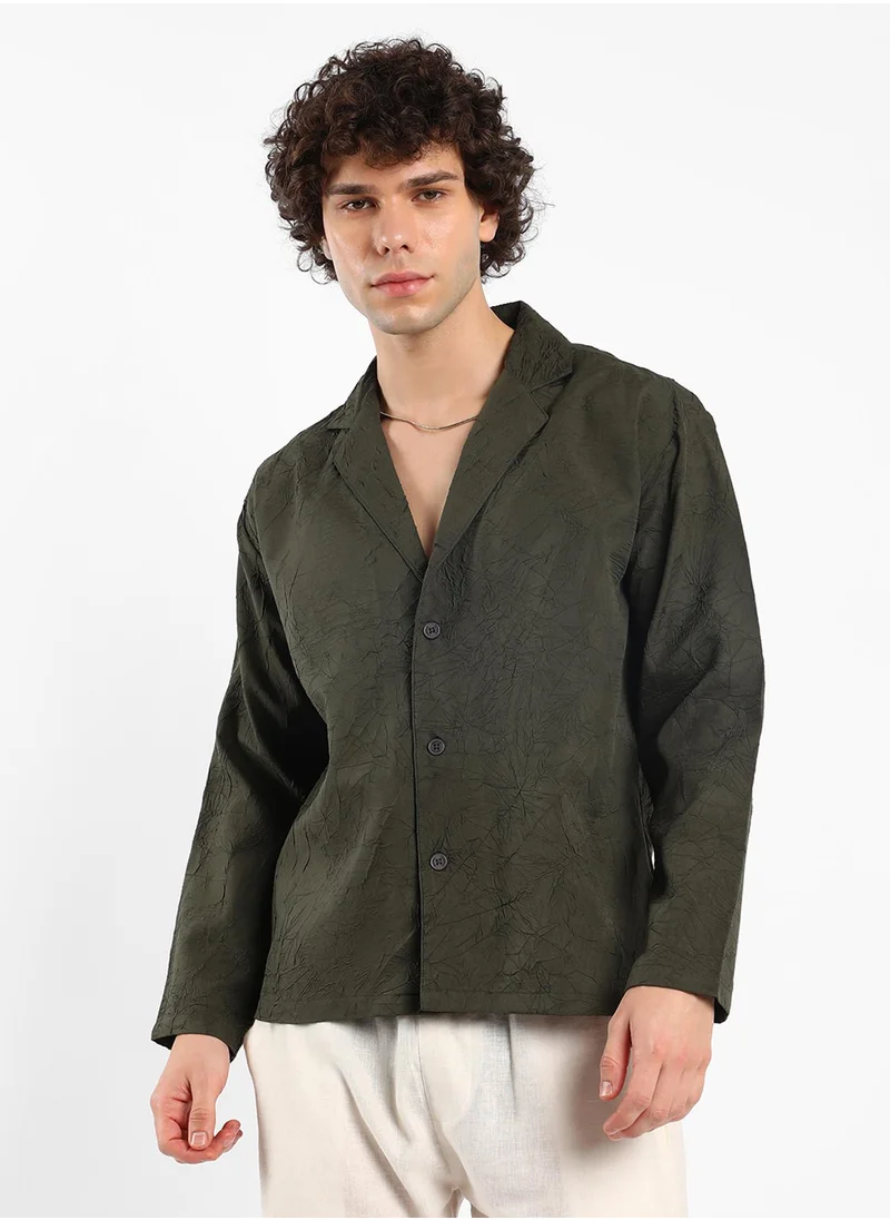 Campus Sutra Men's Army Green Wrinked Korean Oversized Shirt