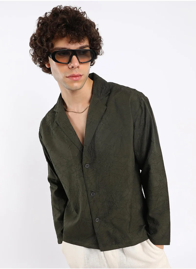 Campus Sutra Men's Army Green Wrinked Korean Oversized Shirt