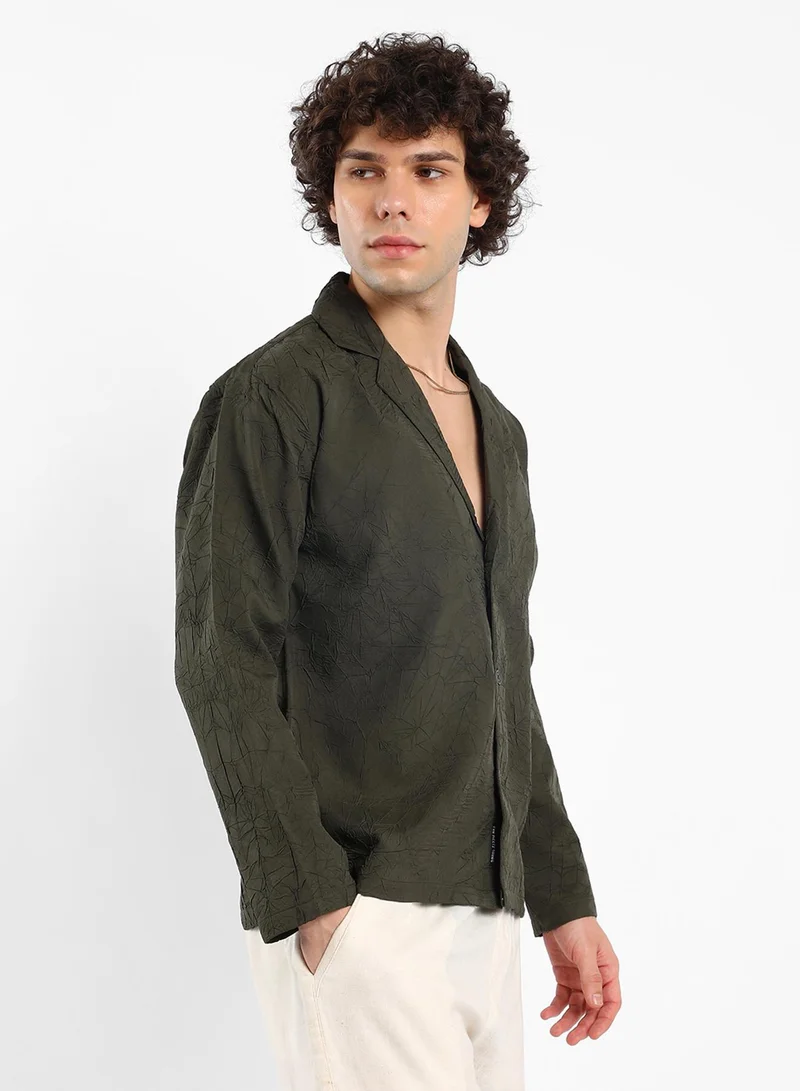 كامبوس سوترا Men's Army Green Wrinked Korean Oversized Shirt