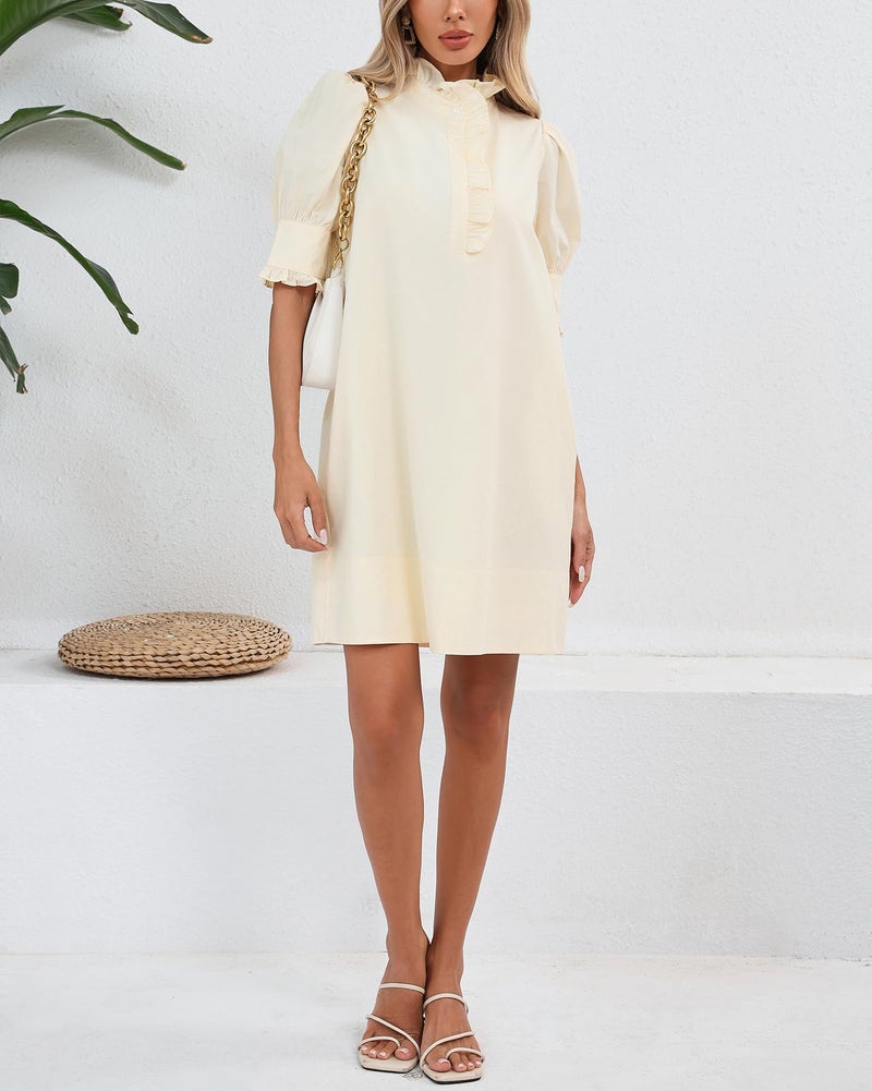 YEXPINE Women's Puff Short Sleeve Stand Ruffle Collar Summer Dress Casual A Line Shift Mini Dress with Pockets Apricot - Image 2