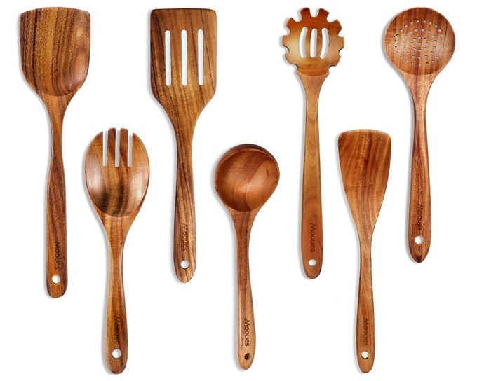 WOODEN SPOONS FOR COOKING 7 PCS WOODEN UTENSILS FOR COOKING NATURAL TEAK WOODEN KITCHEN UTENSILS SET