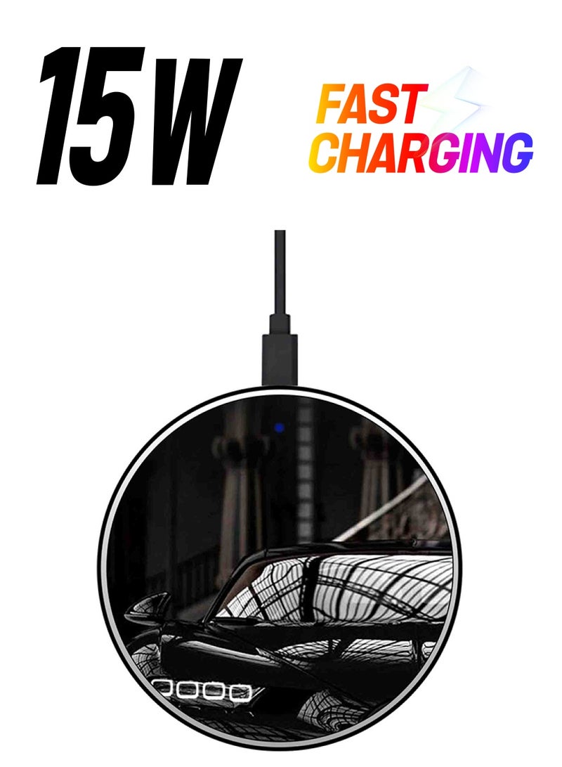 Theodor Car Printed Ultra Slim Fast Wireless Charger With USB Cable Black/White/Grey - Image 1