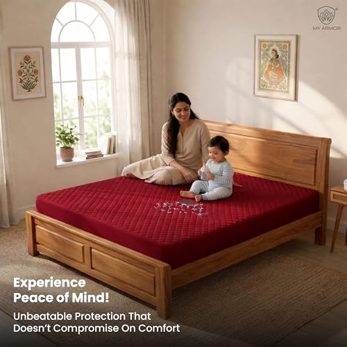 MY ARMOR Mattress Protector | Waterproof Twin Cotton Quilted Fitted – Breathable, Noiseless, Ultra Soft Bed Protector Queen Size with Elastic Skirting (Queen 78x60 inch 6.5x5 ft, Maroon) - Image 3