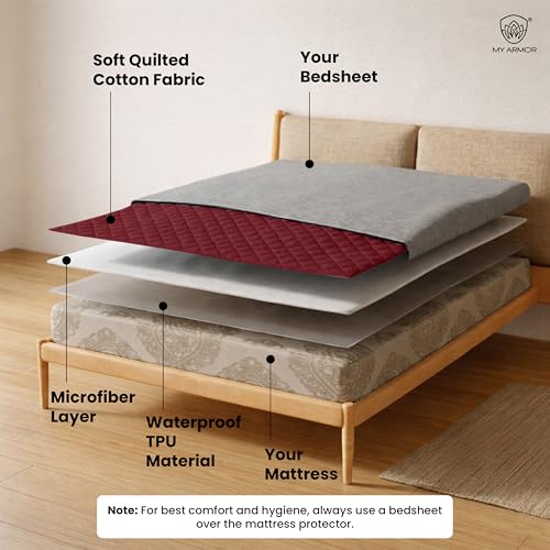 MY ARMOR Mattress Protector | Waterproof Twin Cotton Quilted Fitted – Breathable, Noiseless, Ultra Soft Bed Protector Queen Size with Elastic Skirting (Queen 78x60 inch 6.5x5 ft, Maroon) - Image 4