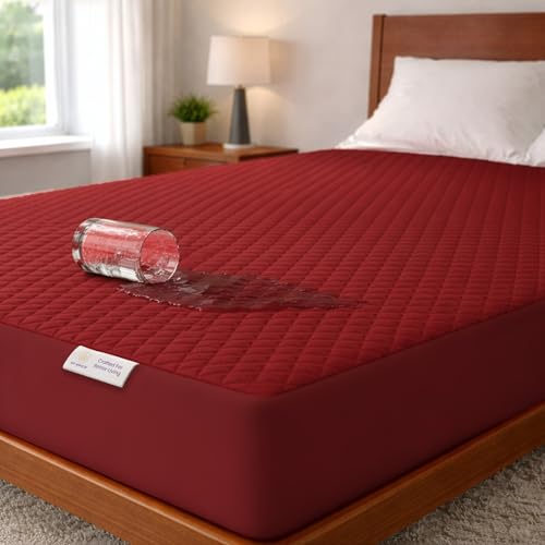 MY ARMOR Mattress Protector | Waterproof Twin Cotton Quilted Fitted – Breathable, Noiseless, Ultra Soft Bed Protector Queen Size with Elastic Skirting (Queen 78x60 inch 6.5x5 ft, Maroon) - Image 1