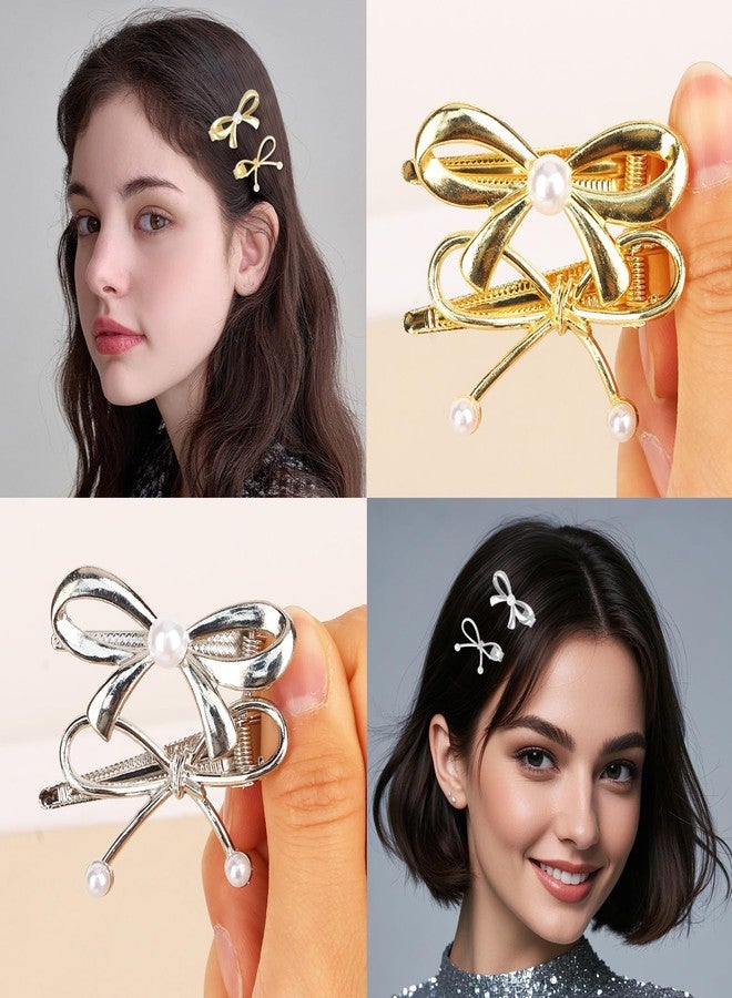 CURASA Metal Hair Bows For Women Girls 6Pcs Small Gold Sliver Pearl Hair Clips Bow Knot Alligator Decorative Hair Pins Fashion Wedding Hair Accessories For Styling Elegant Braided Barrettes Party - Image 3
