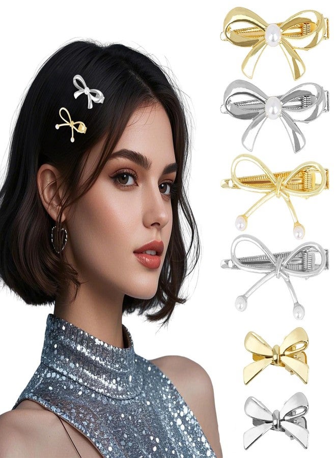 CURASA Metal Hair Bows For Women Girls 6Pcs Small Gold Sliver Pearl Hair Clips Bow Knot Alligator Decorative Hair Pins Fashion Wedding Hair Accessories For Styling Elegant Braided Barrettes Party - Image 1