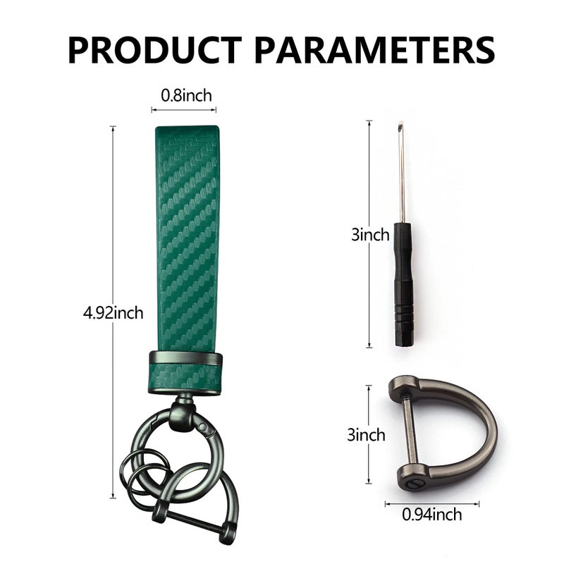 Turcee Carbon Fiber Car Keychain Interior Accessories Keychains Leather Car Key Fob Car Accessories Key Ring & Anti-Lost D-Ring(Green) - Image 2