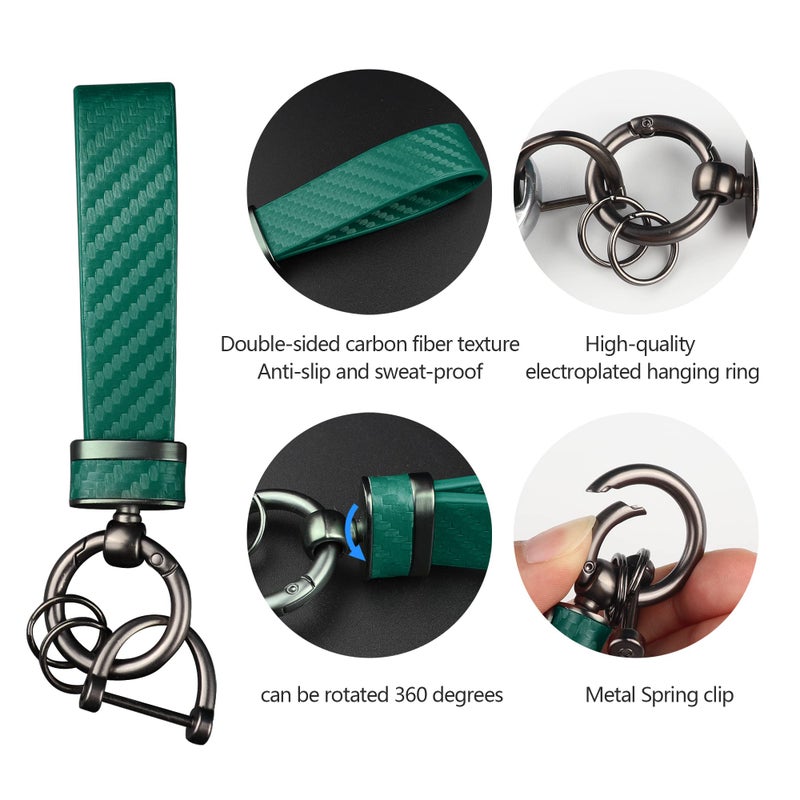 Turcee Carbon Fiber Car Keychain Interior Accessories Keychains Leather Car Key Fob Car Accessories Key Ring & Anti-Lost D-Ring(Green) - Image 4