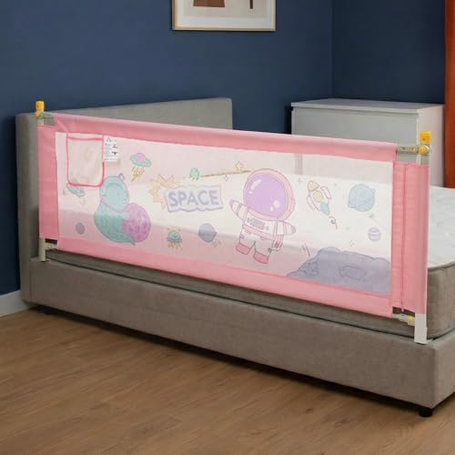 Evafly Bed Railing for Baby Safety Astronaut Print, L-180cm x Adjust Height Between 68-93cm, Single Side Bed Rail for Infant & Toddler's Safety-Pink - Image 1