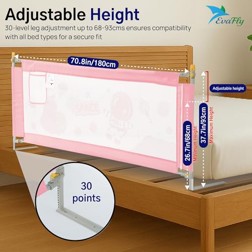 Evafly Bed Railing for Baby Safety Astronaut Print, L-180cm x Adjust Height Between 68-93cm, Single Side Bed Rail for Infant & Toddler's Safety-Pink - Image 2