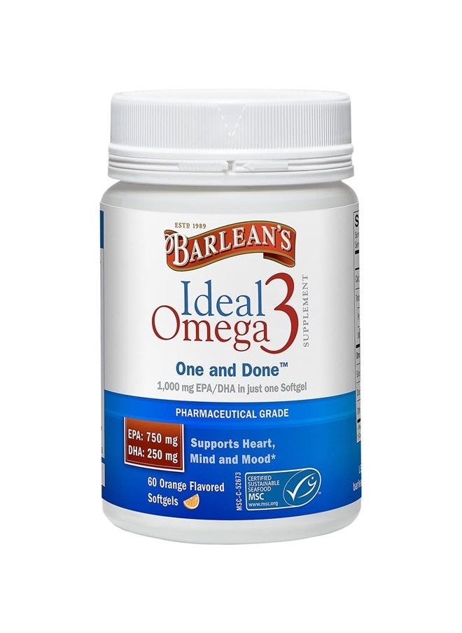 BARLEAN'S - Ideal Omega 3 Fish Oil Supplement, 1,000 mg Softgels, Pharmaceutical Grade EPA & DHA for Brain, Joint, & Heart Health, Orange Flavor, 60 ct - Image 1