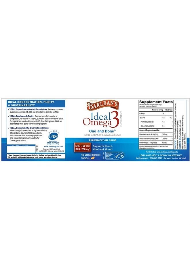 BARLEAN'S - Ideal Omega 3 Fish Oil Supplement, 1,000 mg Softgels, Pharmaceutical Grade EPA & DHA for Brain, Joint, & Heart Health, Orange Flavor, 60 ct - Image 1