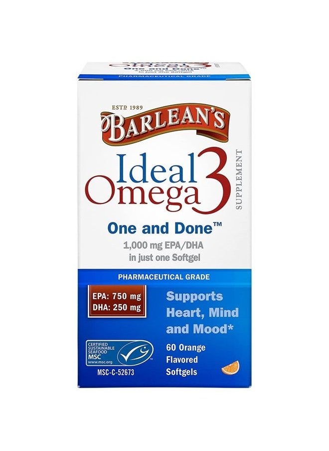 BARLEAN'S - Ideal Omega 3 Fish Oil Supplement, 1,000 mg Softgels, Pharmaceutical Grade EPA & DHA for Brain, Joint, & Heart Health, Orange Flavor, 60 ct - Image 1