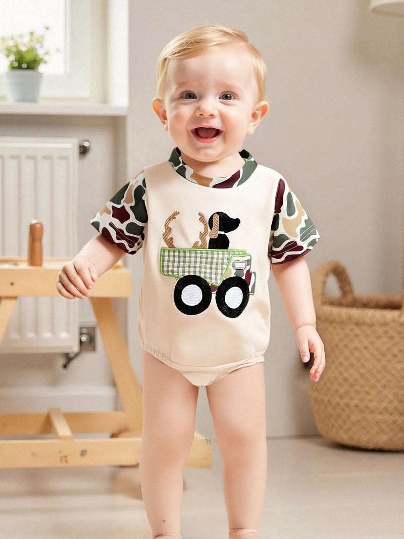 Baby Boys Girls Romper Short Sleeve Crew Neck Dog Truck Embroidery Bodysuit Newborn Playsuit - Image 2