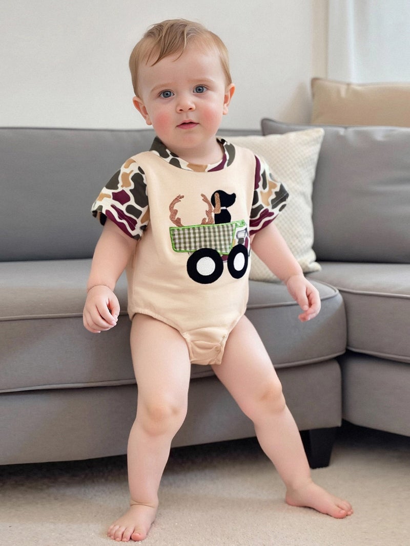 Baby Boys Girls Romper Short Sleeve Crew Neck Dog Truck Embroidery Bodysuit Newborn Playsuit - Image 5