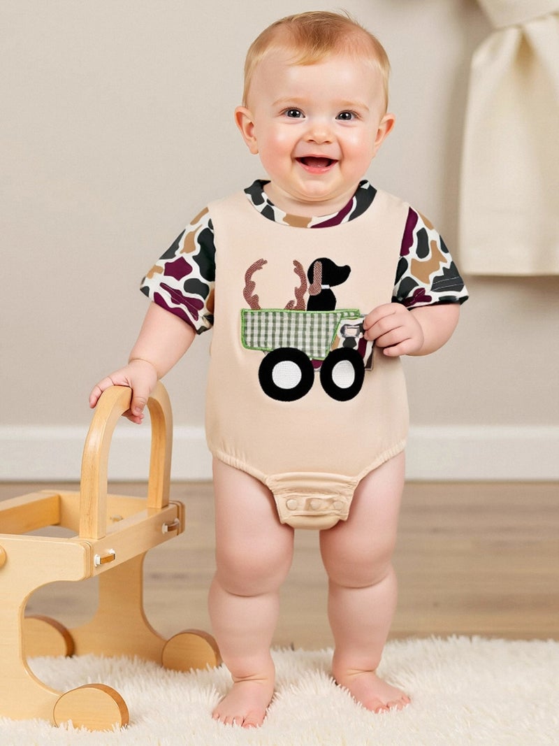 Baby Boys Girls Romper Short Sleeve Crew Neck Dog Truck Embroidery Bodysuit Newborn Playsuit - Image 3