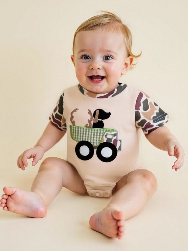 Baby Boys Girls Romper Short Sleeve Crew Neck Dog Truck Embroidery Bodysuit Newborn Playsuit - Image 4