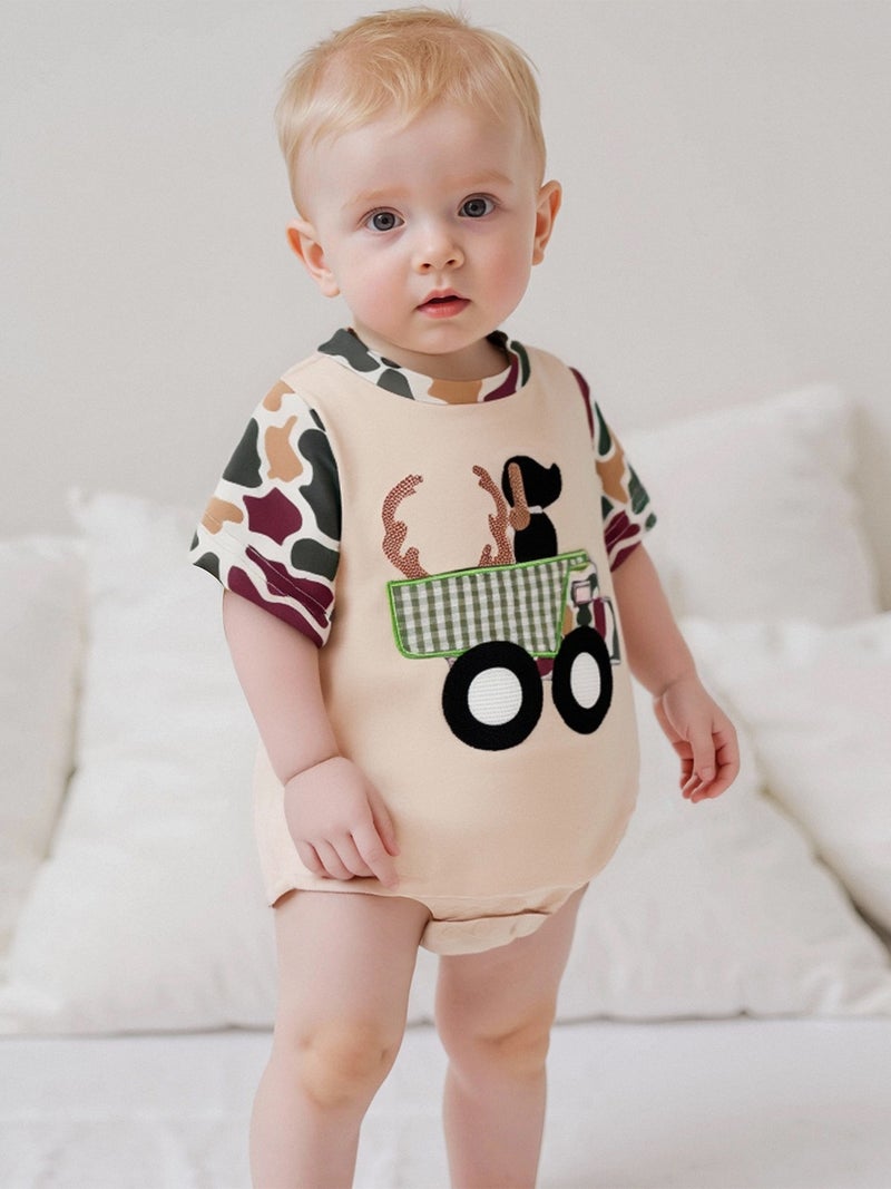 Baby Boys Girls Romper Short Sleeve Crew Neck Dog Truck Embroidery Bodysuit Newborn Playsuit - Image 1