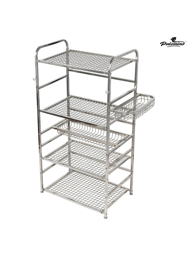 Palomino - Palomino Stainless Steel Space Saver Kitchen Rack Stand for Microwave Oven Utensil Organizer Cutlery Storage Multipurpose Rack Stand for Home with Extra Hooks (Silver) (5 Shelf) (Large) - Image 1