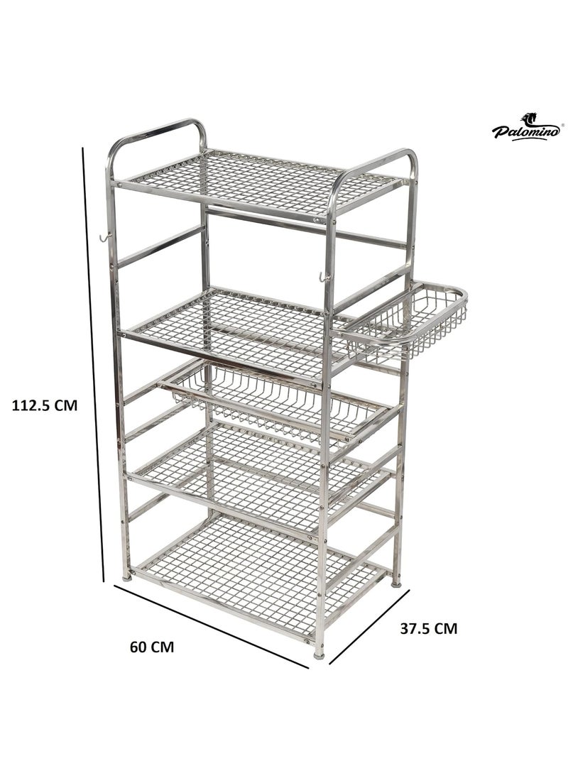 Palomino - Palomino Stainless Steel Space Saver Kitchen Rack Stand for Microwave Oven Utensil Organizer Cutlery Storage Multipurpose Rack Stand for Home with Extra Hooks (Silver) (5 Shelf) (Large) - Image 1