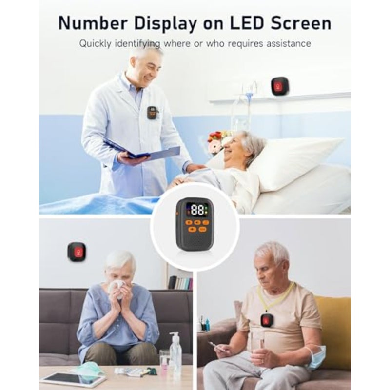 Wireless Caregiver Call Button for Seniors, Panic Button System with LED Display and Vibration, Low Power Remind, 500FT Range, Rechargeable Pager for Elderly Monitoring Black - Image 3