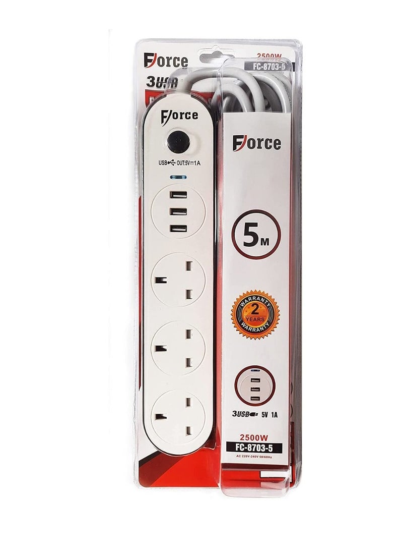 FORCE Votec 3-Port 2500W Braided Power Extension Cord Strip, Three USB 3.1A Ports, UK Plug, Travel and Home Office by Votec 5 Meters Long  - Image 1
