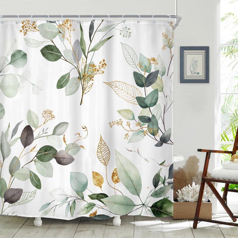 Riyidecor Spring Sage Green Shower Curtain 72Wx72H, Botanical Eucalyptus Leaf Light Green Gold Bathroom Curtain, Watercolor Plants Earthy Shower Curtain Sets with 12 Pack Hooks Ideal for Bathroom - Image 1