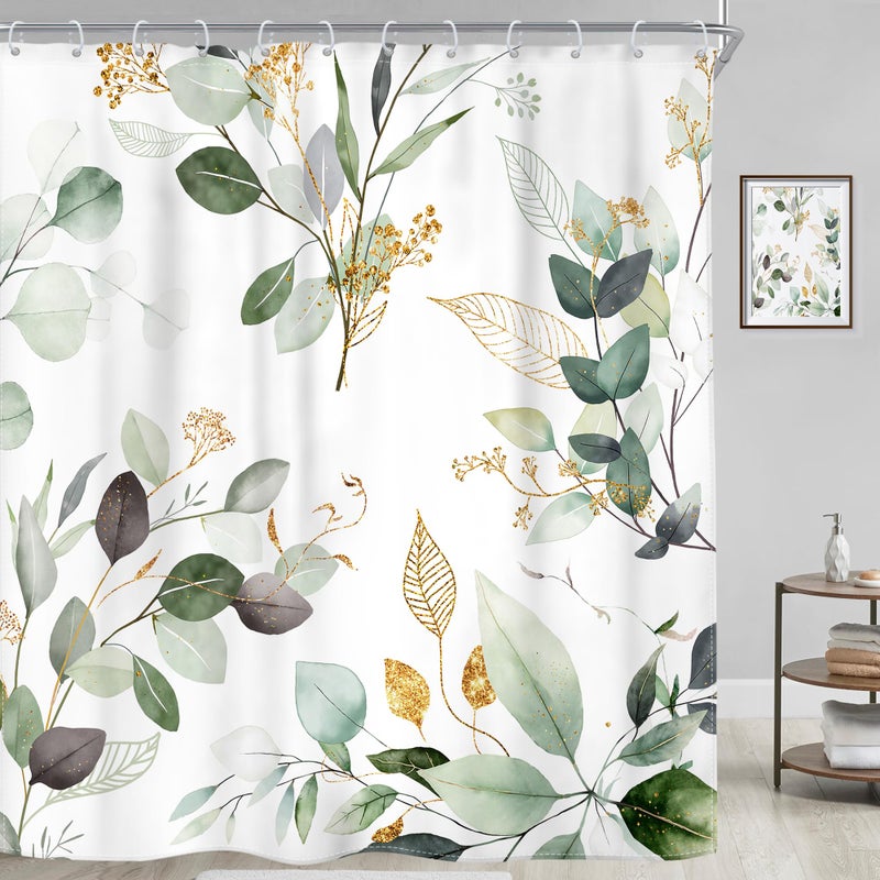 Riyidecor Spring Sage Green Shower Curtain 72Wx72H, Botanical Eucalyptus Leaf Light Green Gold Bathroom Curtain, Watercolor Plants Earthy Shower Curtain Sets with 12 Pack Hooks Ideal for Bathroom - Image 3