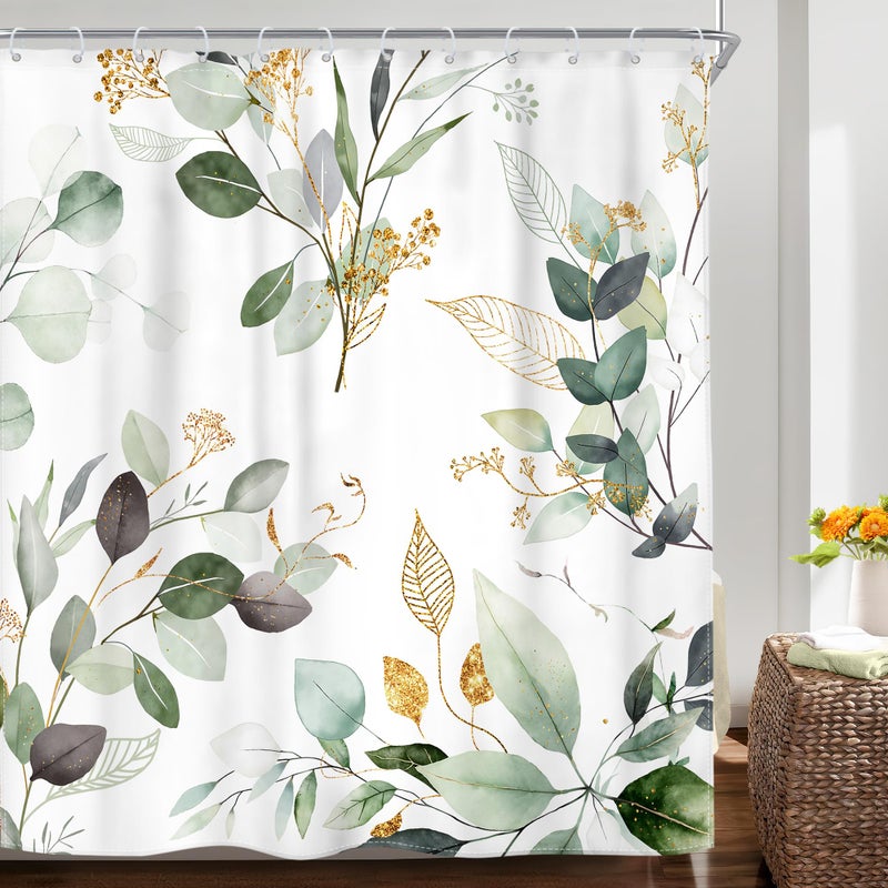 Riyidecor Spring Sage Green Shower Curtain 72Wx72H, Botanical Eucalyptus Leaf Light Green Gold Bathroom Curtain, Watercolor Plants Earthy Shower Curtain Sets with 12 Pack Hooks Ideal for Bathroom - Image 2