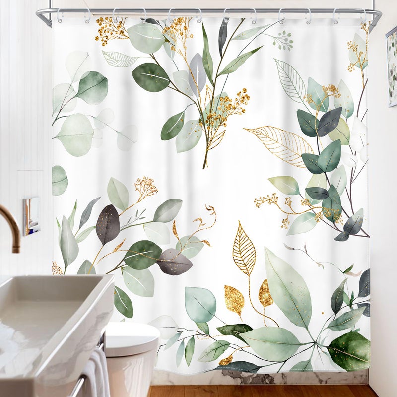 Riyidecor Spring Sage Green Shower Curtain 72Wx72H, Botanical Eucalyptus Leaf Light Green Gold Bathroom Curtain, Watercolor Plants Earthy Shower Curtain Sets with 12 Pack Hooks Ideal for Bathroom - Image 4