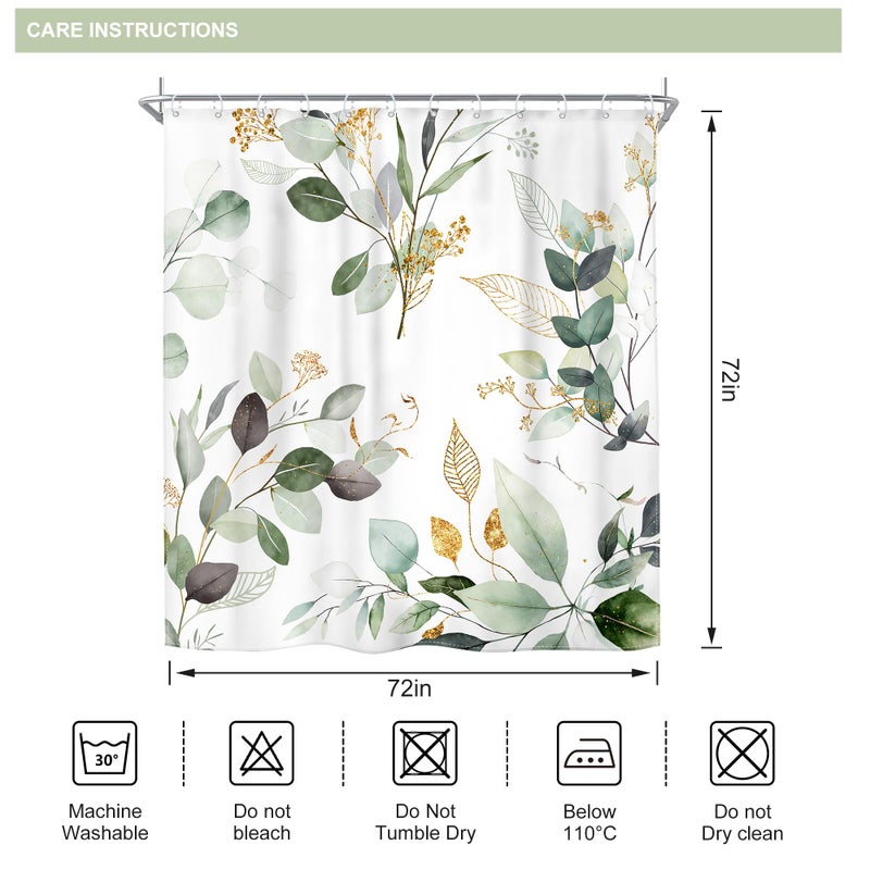 Riyidecor Spring Sage Green Shower Curtain 72Wx72H, Botanical Eucalyptus Leaf Light Green Gold Bathroom Curtain, Watercolor Plants Earthy Shower Curtain Sets with 12 Pack Hooks Ideal for Bathroom - Image 5