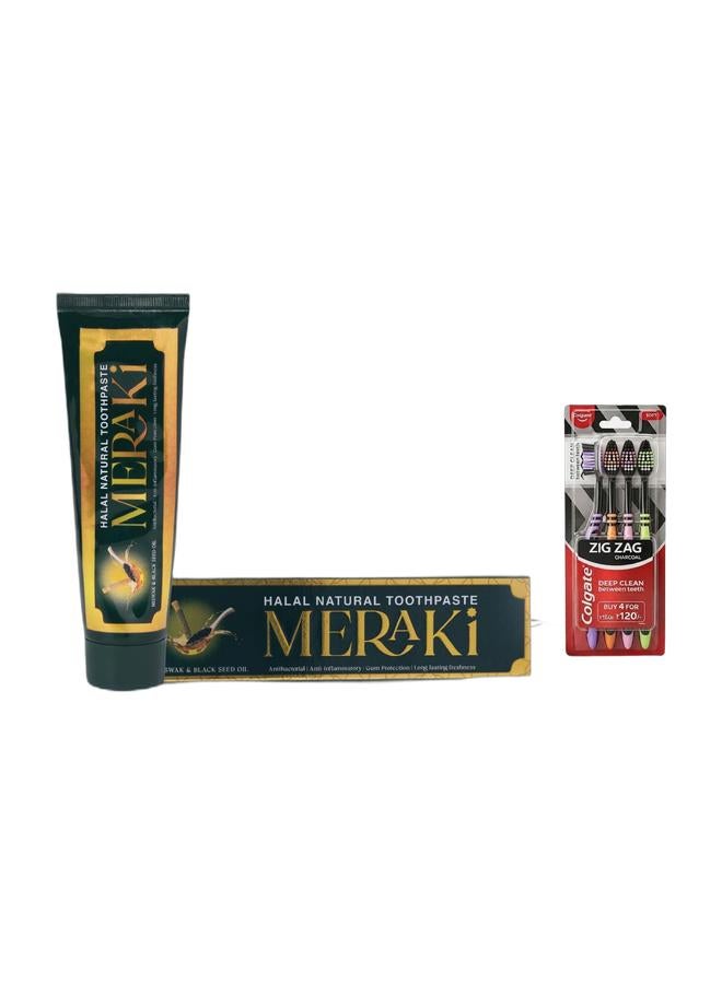 Meraki Halal Natural Toothpaste with Miswak & Black Seed Oil 120 Gram – Antibacterial, Fluoride-Free, Natural Oral Care & Colgate ZigZag Charcoal Soft Bristle Manual Toothbrush for adults - 4 Pcs, Removes Germs in Between Teeth, Soft-tongue cleaner, Antibacterial bristles Bundle - Image 1