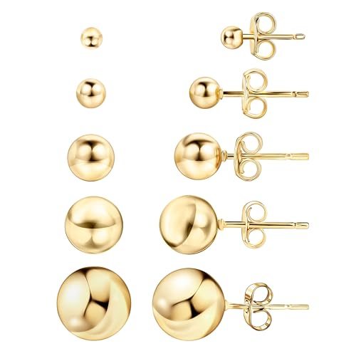 Barzel 18K Gold Plated Ball Stud Earrings Set, Sizes 3-10MM, 5 Pack, High Polish Finish Ball Suds - Image 1