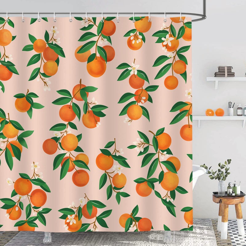 Bonhause Orange Shower Curtain 180 x 180 cm Fruit Citrus Green Leaves Bathroom Curtain Waterproof Mildew  Mould Resistant Polyester Fabric Bath Curtain with 12 Hooks