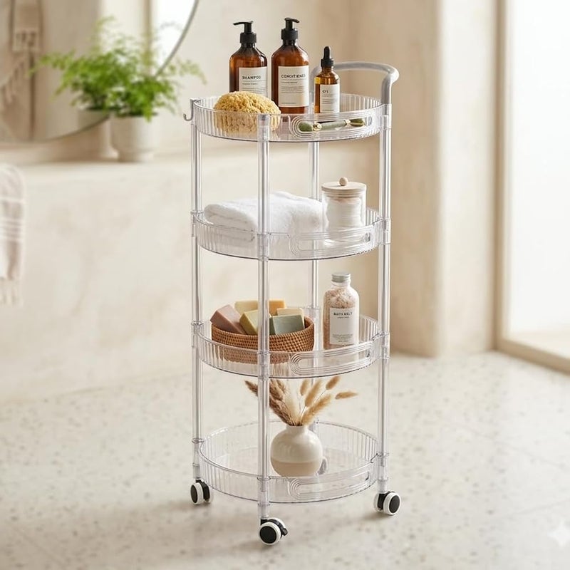 4 Tier Clear Plastic Organizer Shelves with Wheels and Side Handle, Versatile Storage Cart with Wide Shelves Ideal for Bathroom Living Room