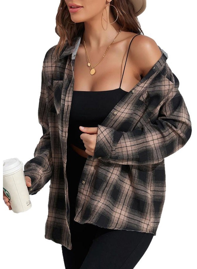KevaMolly Plaid Long Sleeve Flannel Shirts for Women Loose Fit Boyfriend Button Down Shirt Casual Flannel Blouse Tops, Brown Black, M - Image 1