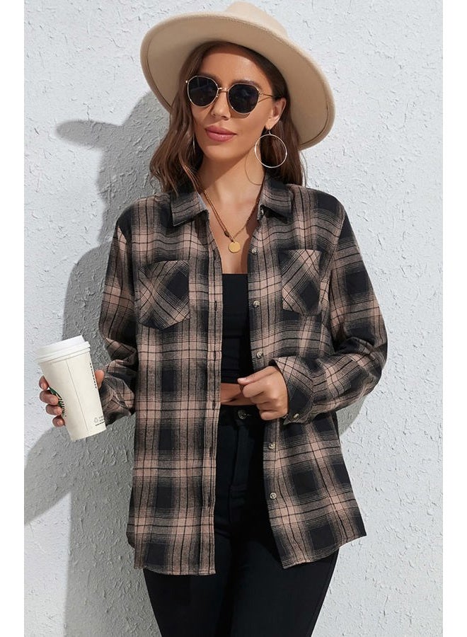 KevaMolly Plaid Long Sleeve Flannel Shirts for Women Loose Fit Boyfriend Button Down Shirt Casual Flannel Blouse Tops, Brown Black, M - Image 2