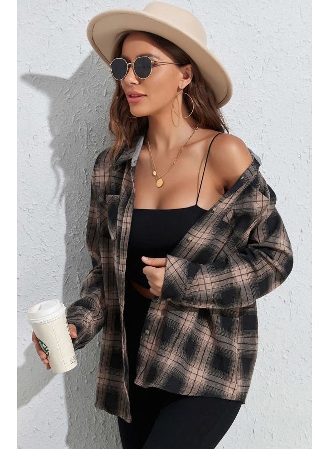 KevaMolly Plaid Long Sleeve Flannel Shirts for Women Loose Fit Boyfriend Button Down Shirt Casual Flannel Blouse Tops, Brown Black, M - Image 3