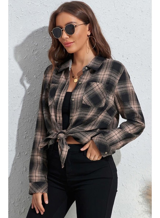 KevaMolly Plaid Long Sleeve Flannel Shirts for Women Loose Fit Boyfriend Button Down Shirt Casual Flannel Blouse Tops, Brown Black, M - Image 4