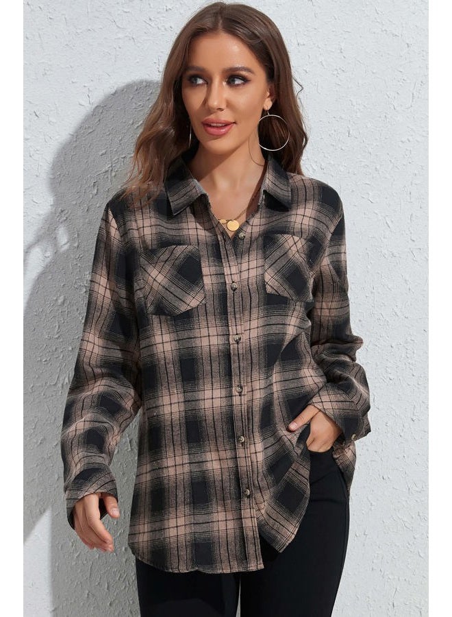 KevaMolly Plaid Long Sleeve Flannel Shirts for Women Loose Fit Boyfriend Button Down Shirt Casual Flannel Blouse Tops, Brown Black, M - Image 5