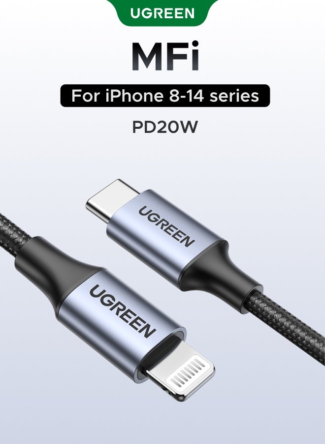 Ugreen iPhone Cable [MFi Certified] ,2M Type C to Lightning Cable, Black Braided Lightning Cable iPhone, iPhone Charger Cable PD 20W for  iPhone 14/13/12/11 Mini/Pro/Pro Max Series, iPhone SE/XS/XR/X/8, iPad 9/8/7/6/5 Series, iPad Mini 5/4/3/2 Series, iPad Ai r3/2/1 Series , iPad Pro 2015-2017 Series. Black 2m braided - Image 1