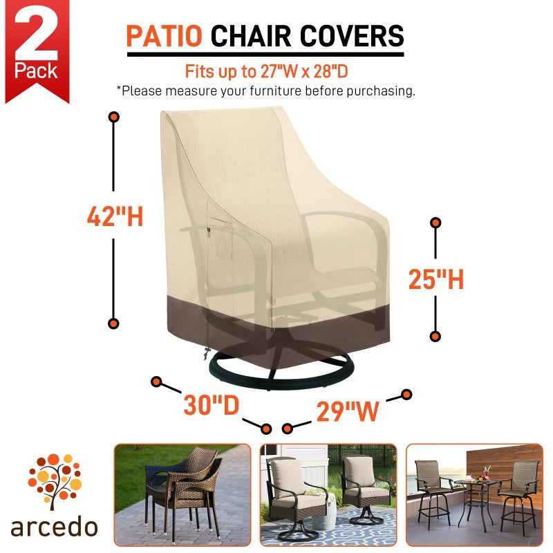 Arcedo Outdoor High Back Chair Covers Waterproof, Heavy Duty Stackable Dining Swivel Chair Covers, All Weather Resistant Patio Furniture Cover, 29â€W x 30â€D x 42â€H, 2 Pack, Beige & Brown - Image 2