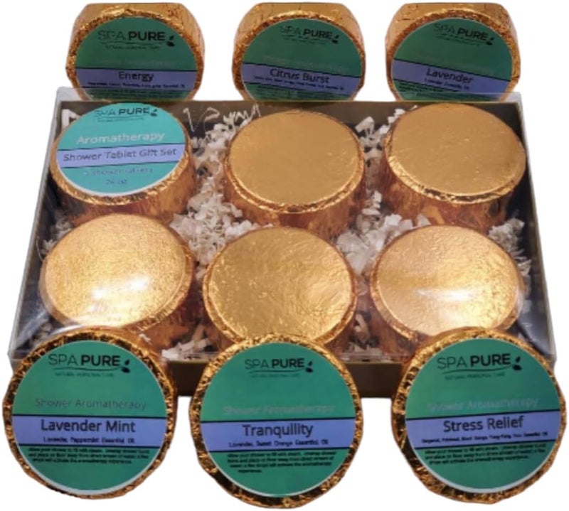 Spa Pure Aromatherapy Shower Tablets: 6 Individually Wrapped Shower Tablet Bomb Gift Set - 4 oz Tablets, Shower fizzies in Gold foils, Makes an Amazing Gift (Gold)