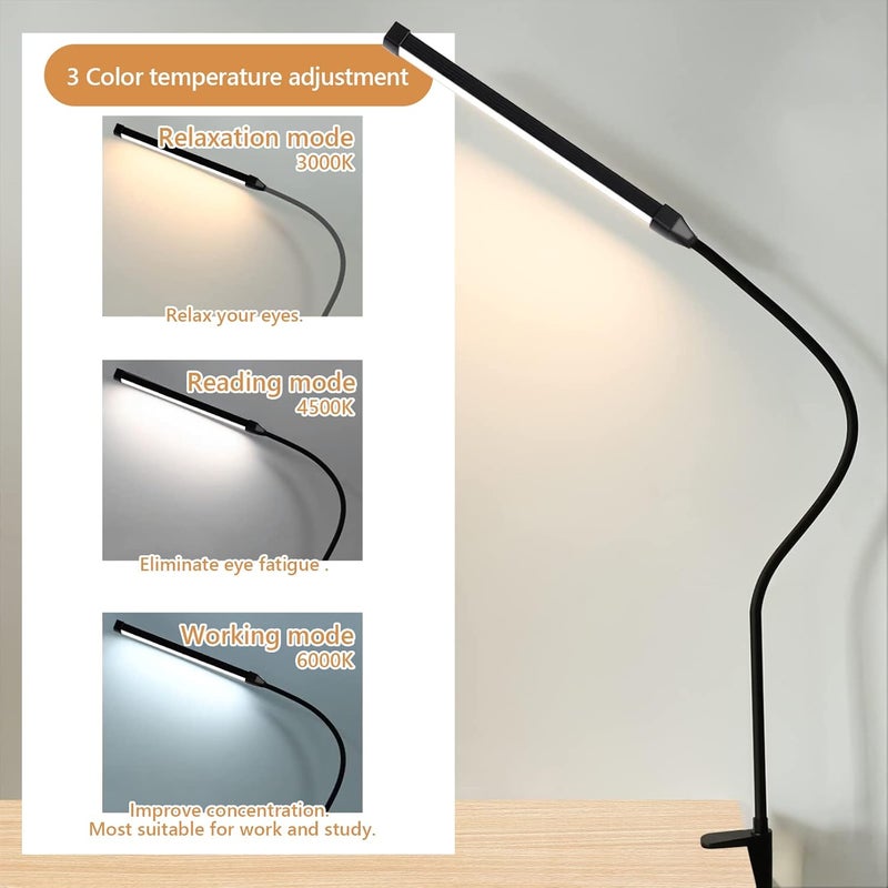 LOOPITYS Led Desk Lamp With Clamp, Eye-Caring Clip On Lights For Home Office, 3 Modes 10 Brightness, Long Flexible Gooseneck, Metal, Swing Arm Architect Task Table Lamps (Black L) - Image 2